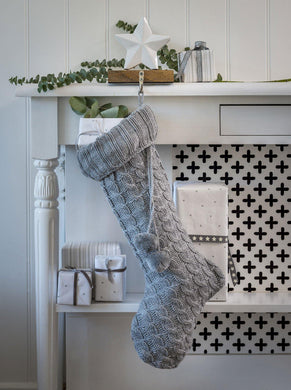 Grey Cable Knit Stocking with pom poms - Winter Star Gifts 